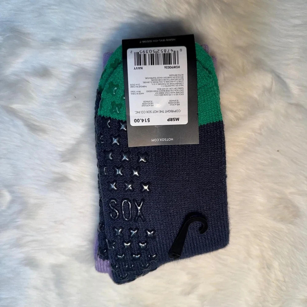 Hot Sox Womens Slipper Socks Slip‎ Resistant Striped Knit Navy Coral NWT